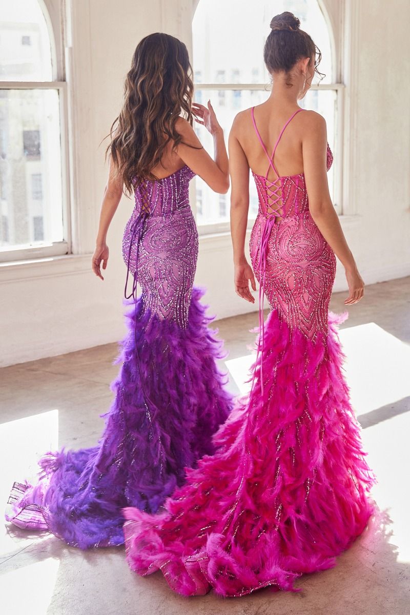 Fully Embellished & Feathered Mermaid Illusion Sweetheart Long Prom Dress CDCC2308