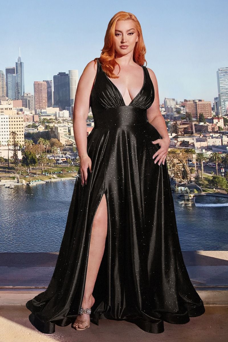 Red, Emerald & Royal Blue Plus Size Glitter Gown with Slit | Deep V-Neck A-Line Formal Dress  CDCC2349C