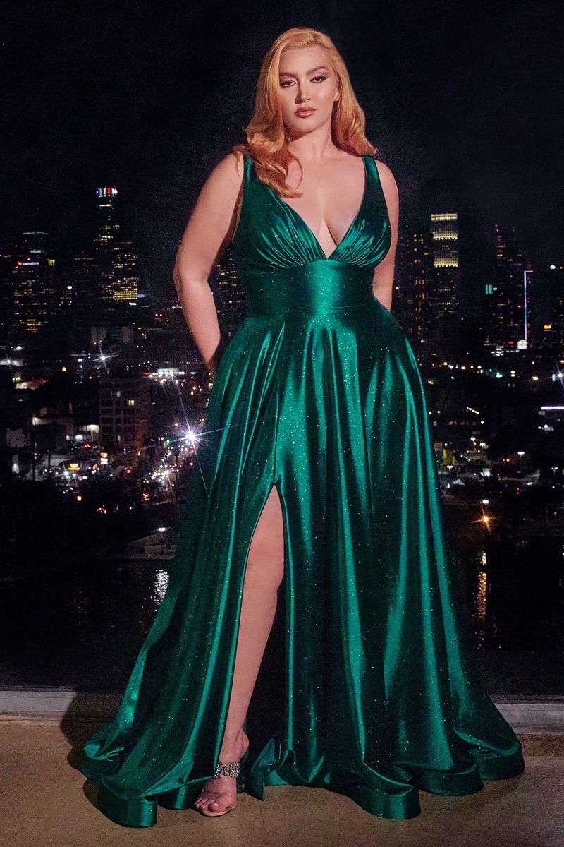 Red, Emerald & Royal Blue Plus Size Glitter Gown with Slit | Deep V-Neck A-Line Formal Dress  CDCC2349C