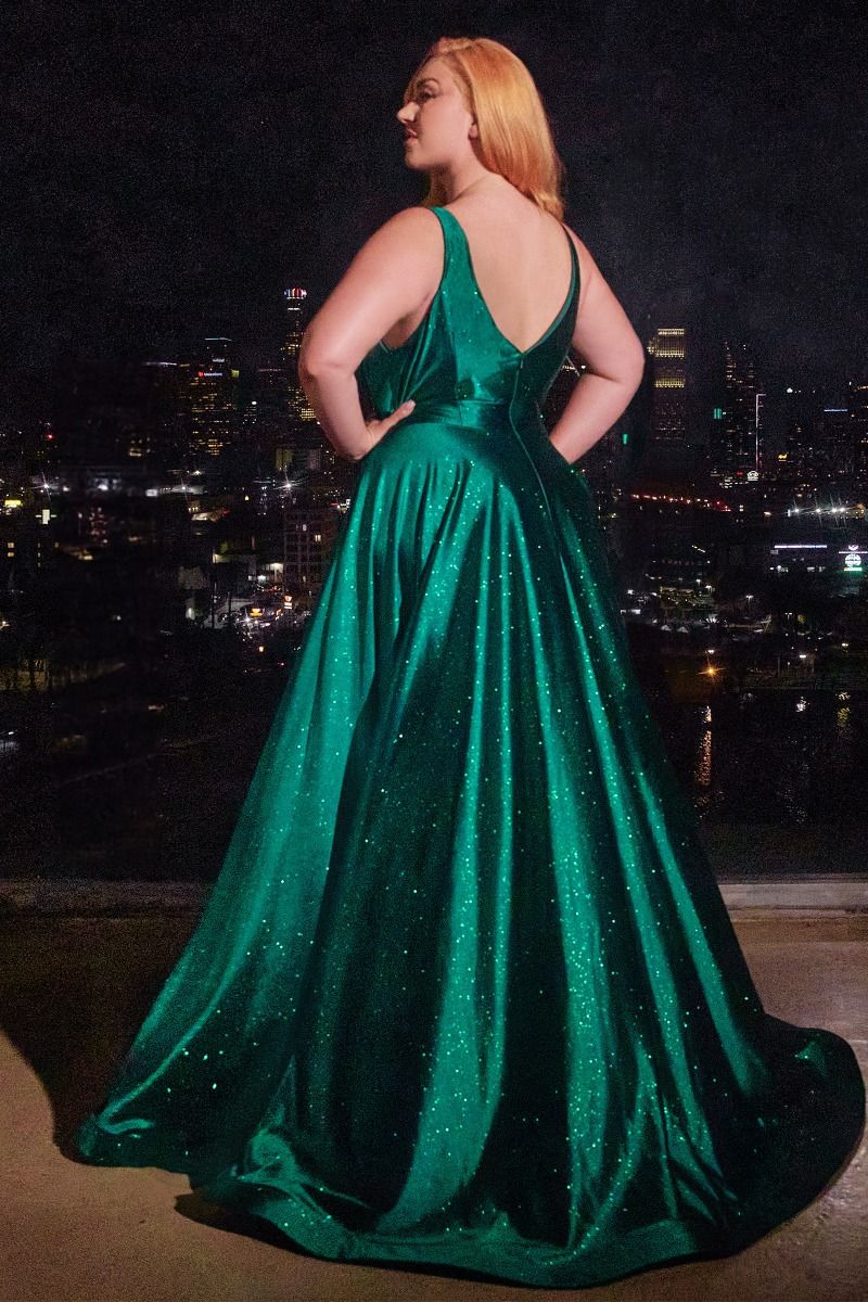 Red, Emerald & Royal Blue Plus Size Glitter Gown with Slit | Deep V-Neck A-Line Formal Dress  CDCC2349C