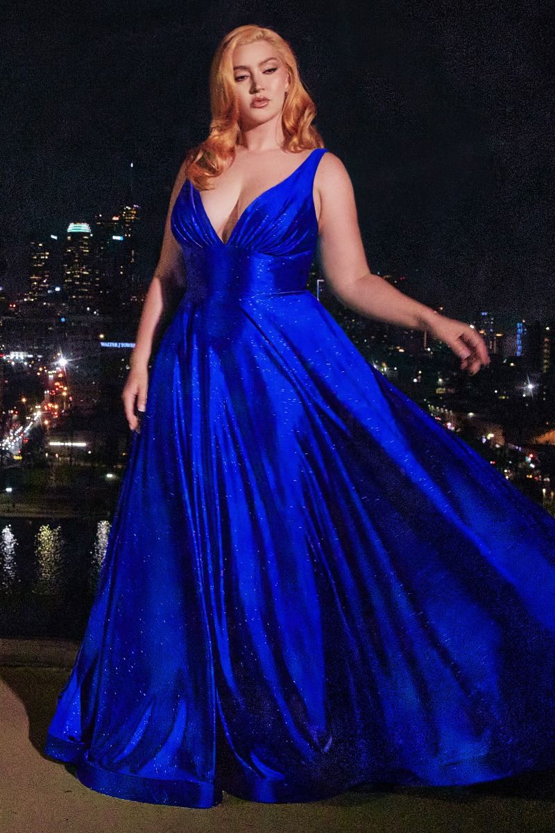 Red, Emerald & Royal Blue Plus Size Glitter Gown with Slit | Deep V-Neck A-Line Formal Dress  CDCC2349C