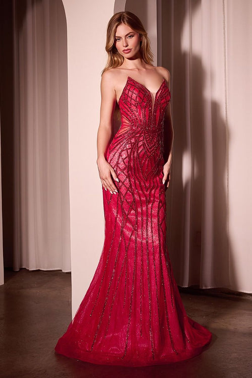 Champagne, Black | Strapless Beaded Mermaid Gown with Illusion Bodice & Sweetheart Neckline CDCC6018