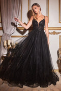 A-Line Layered Tulle Open Back Illusion V-Neck Long Prom Dress CDCD0154