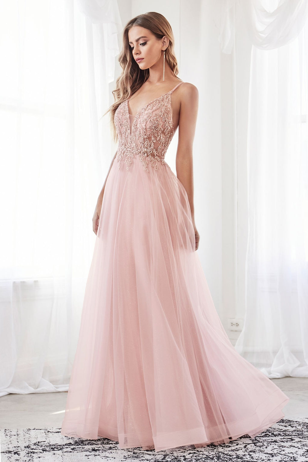 A-Line Layered Tulle Open Back Illusion V-Neck Long Prom Dress CDCD0154