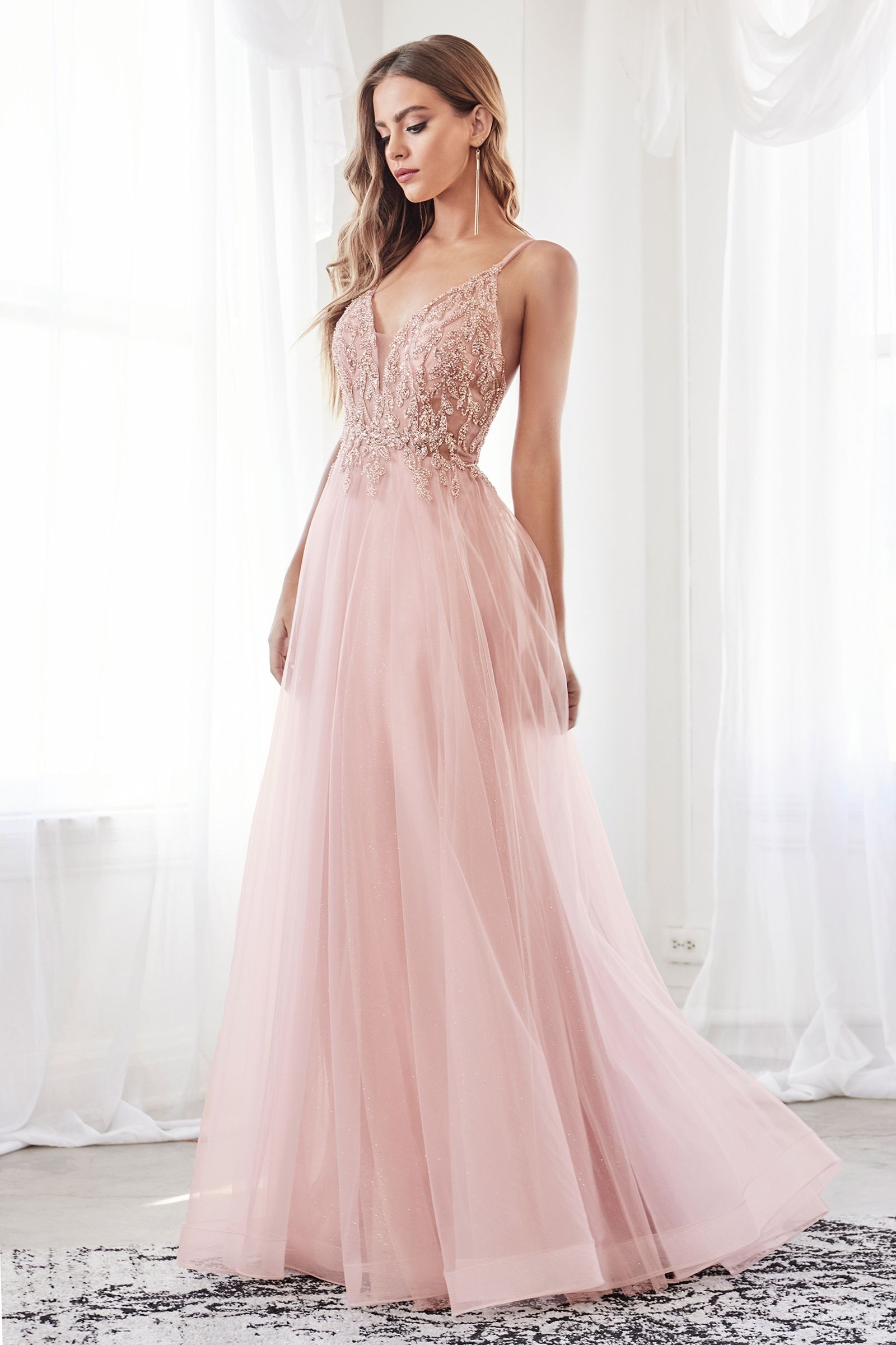 A-Line Layered Tulle Open Back Illusion V-Neck Long Prom Dress CDCD0154
