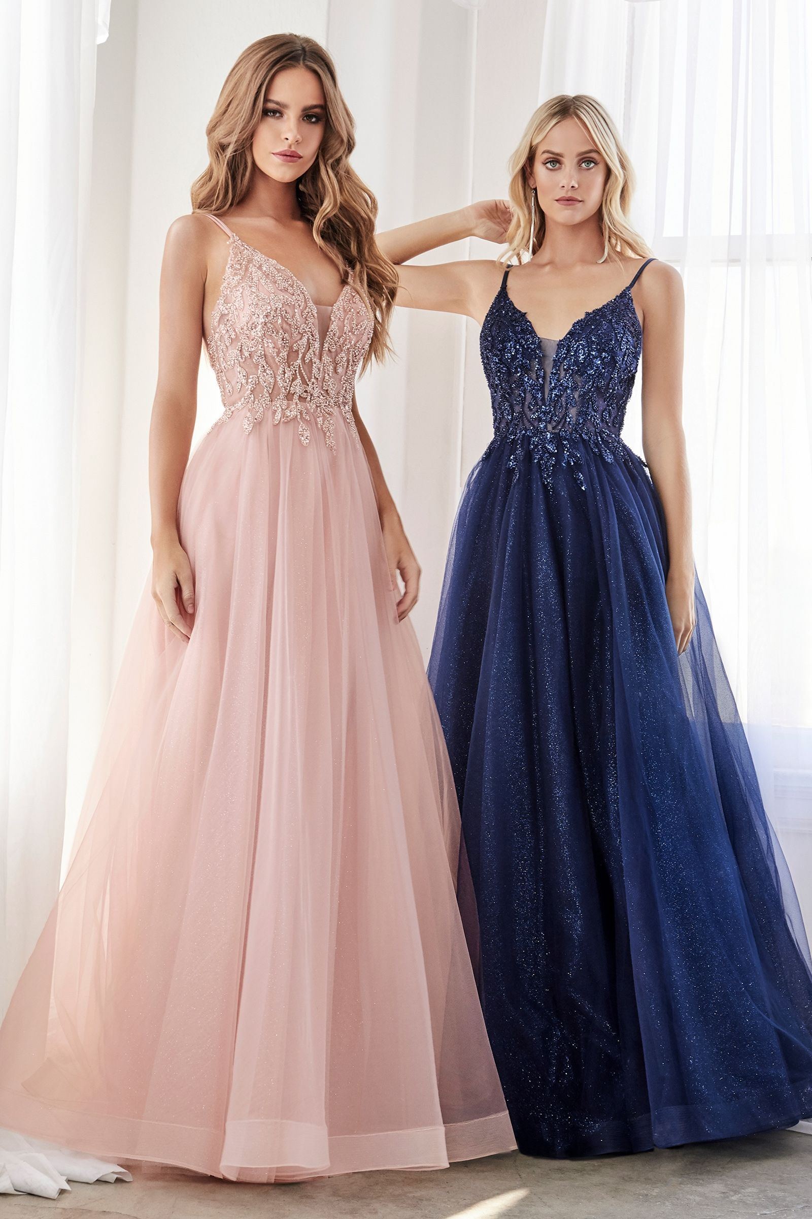 A-Line Layered Tulle Open Back Illusion V-Neck Long Prom Dress CDCD0154