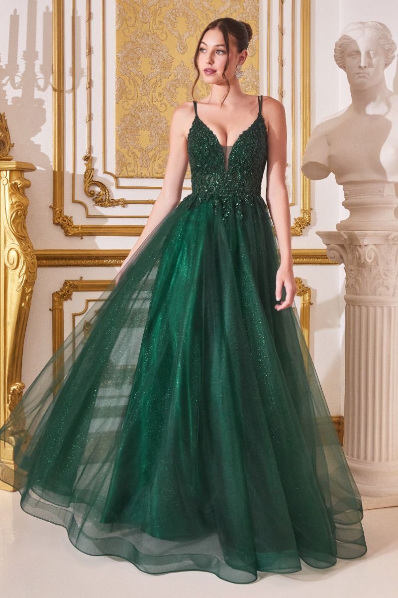 A-Line Layered Tulle Open Back Illusion V-Neck Long Prom Dress CDCD0154