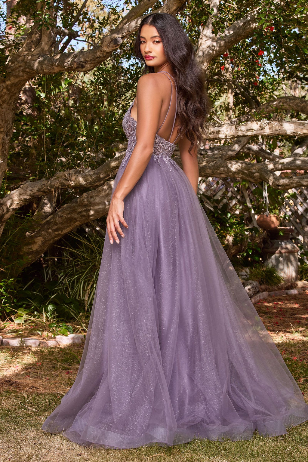 A-Line Layered Tulle Open Back Illusion V-Neck Long Prom Dress CDCD0154