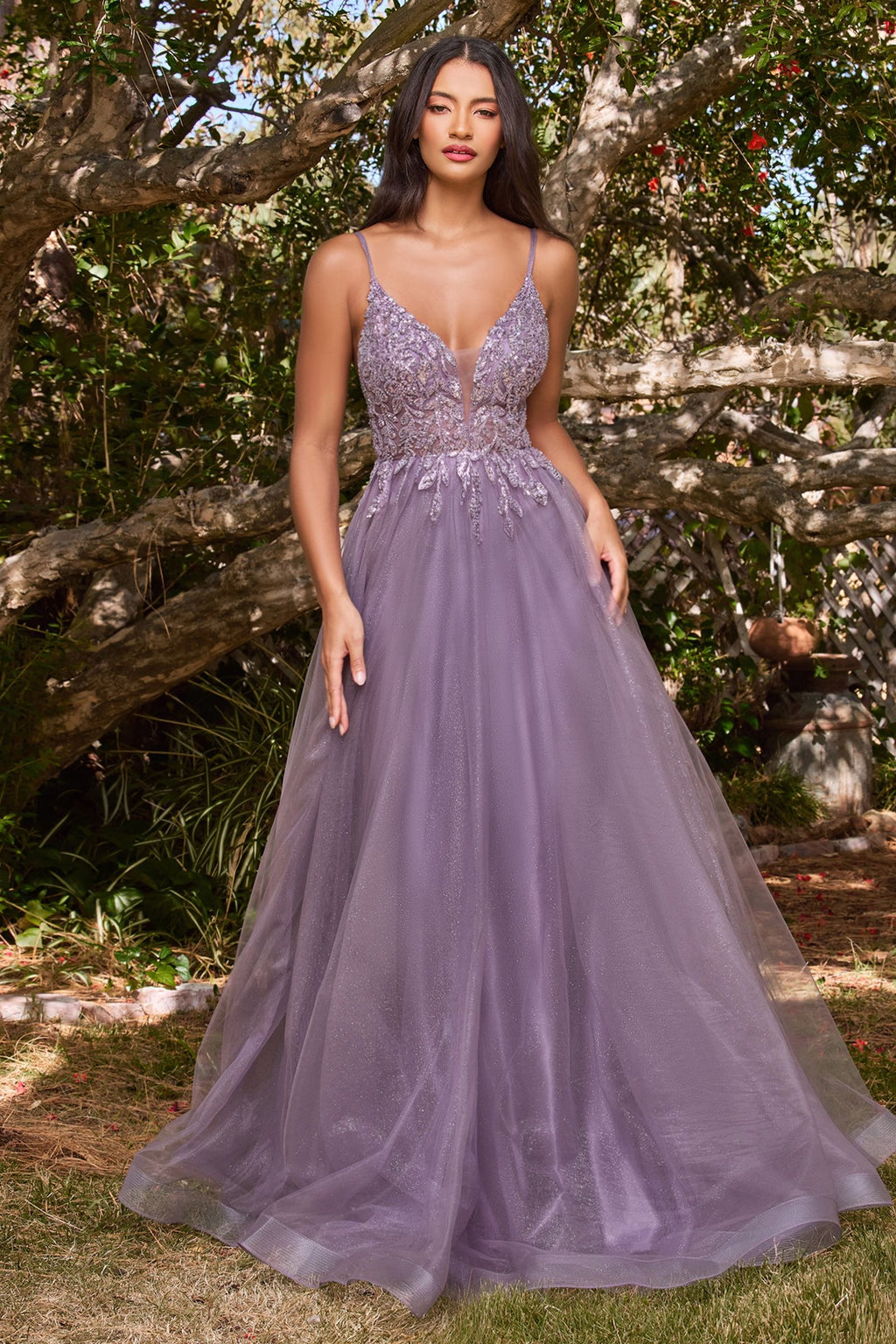 A-Line Layered Tulle Open Back Illusion V-Neck Long Prom Dress CDCD0154