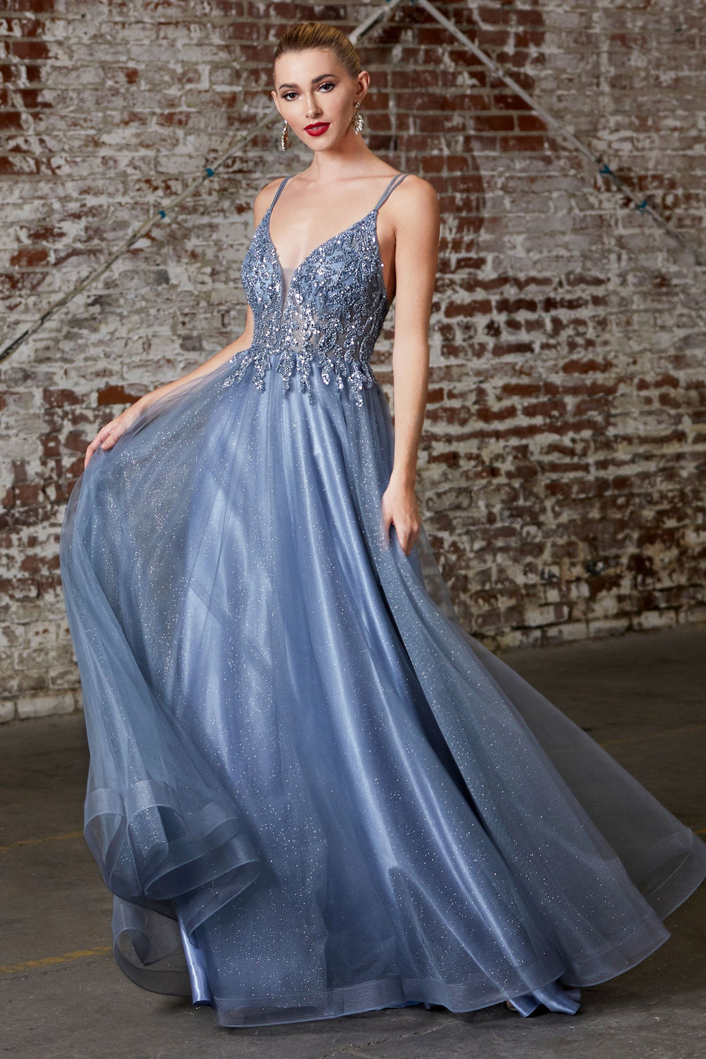 A-Line Layered Tulle Open Back Illusion V-Neck Long Prom Dress CDCD0154