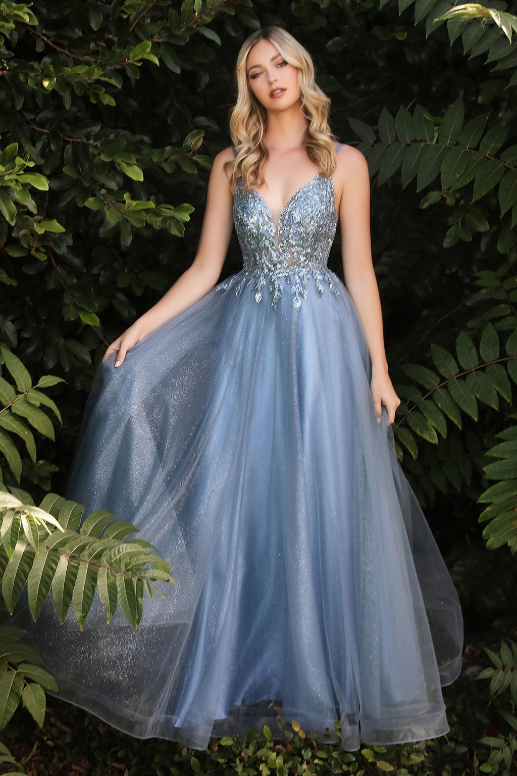 A-Line Layered Tulle Open Back Illusion V-Neck Long Prom Dress CDCD0154