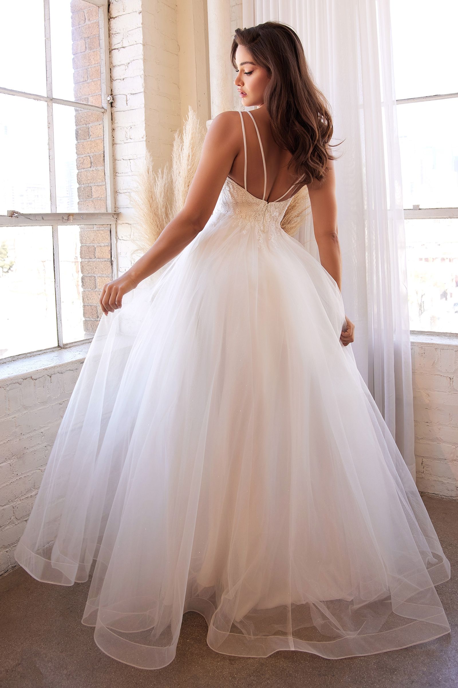 White Tulle A-Line Wedding Dress with Floral Appliqué and Plunging Neckline  CDCD0154W