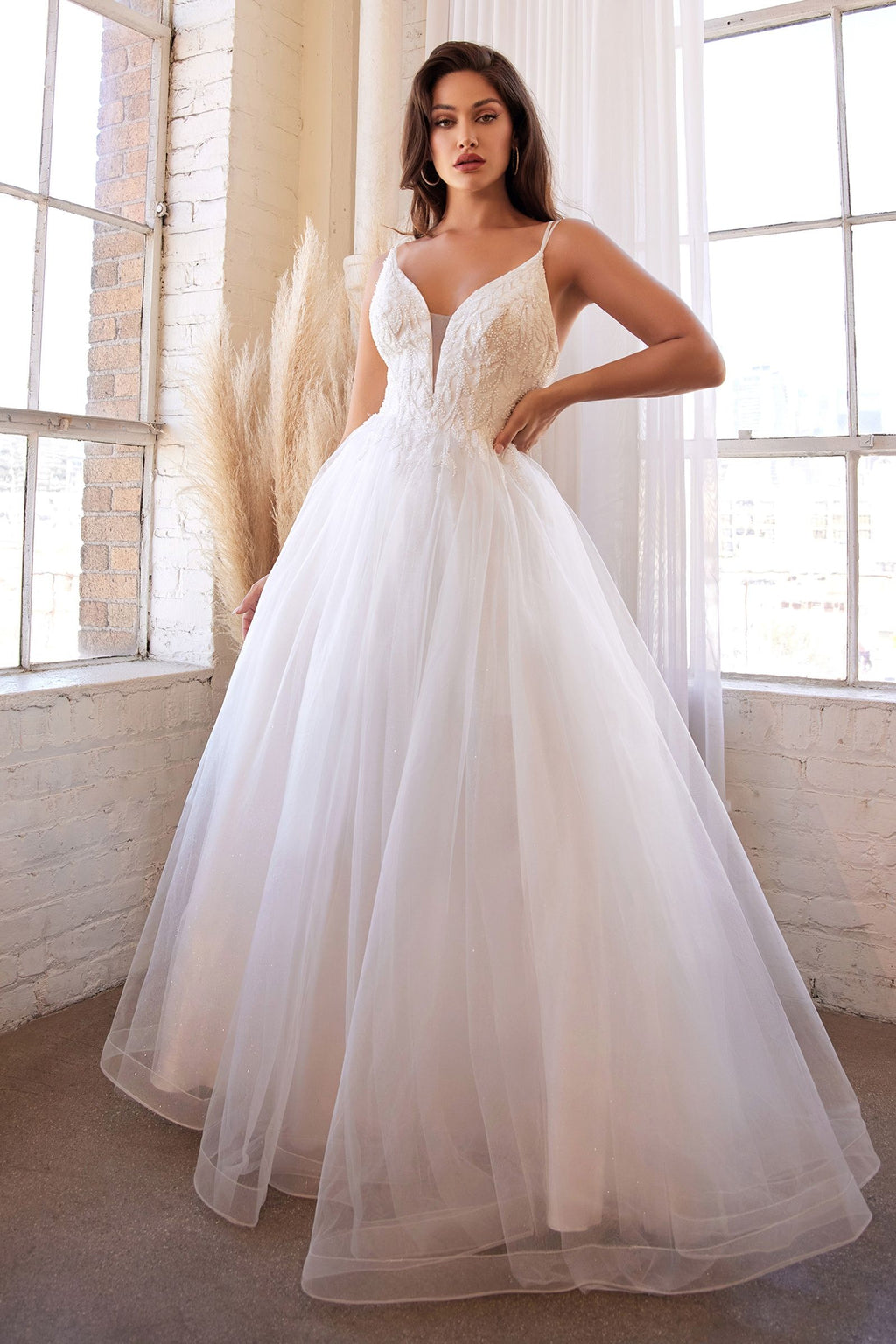 White Tulle A-Line Wedding Dress with Floral Appliqué and Plunging Neckline  CDCD0154W