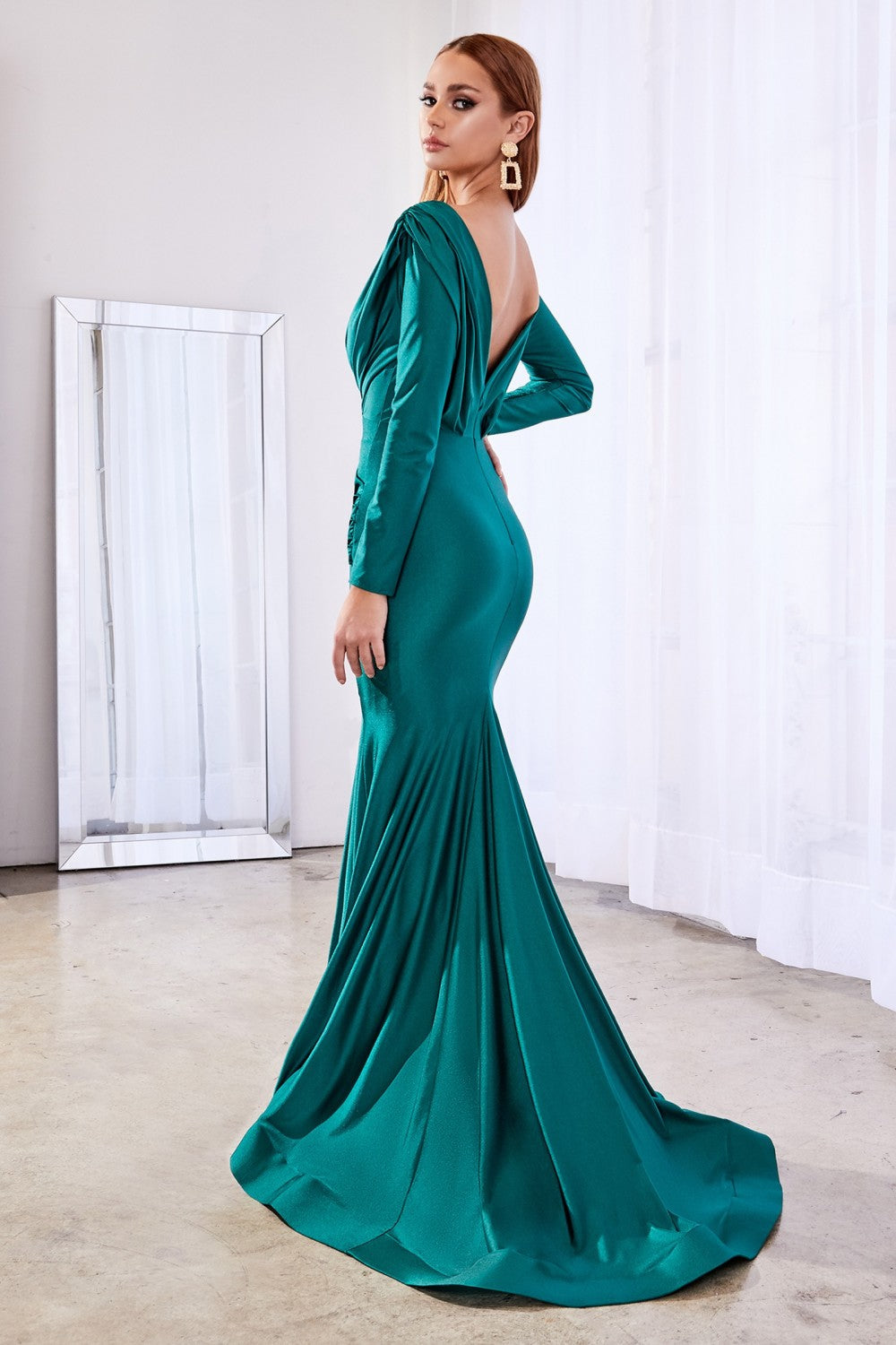 Fitted Stretch Jersey Wrapped Bodice Deep V-Neck Modest Long Sleeves Long Mother Of The Bride Dress CDCD0168 Sale