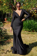 Fitted Stretch Jersey Wrapped Bodice Deep V-Neck Modest Long Sleeves Long Mother Of The Bride Dress CDCD0168 Sale