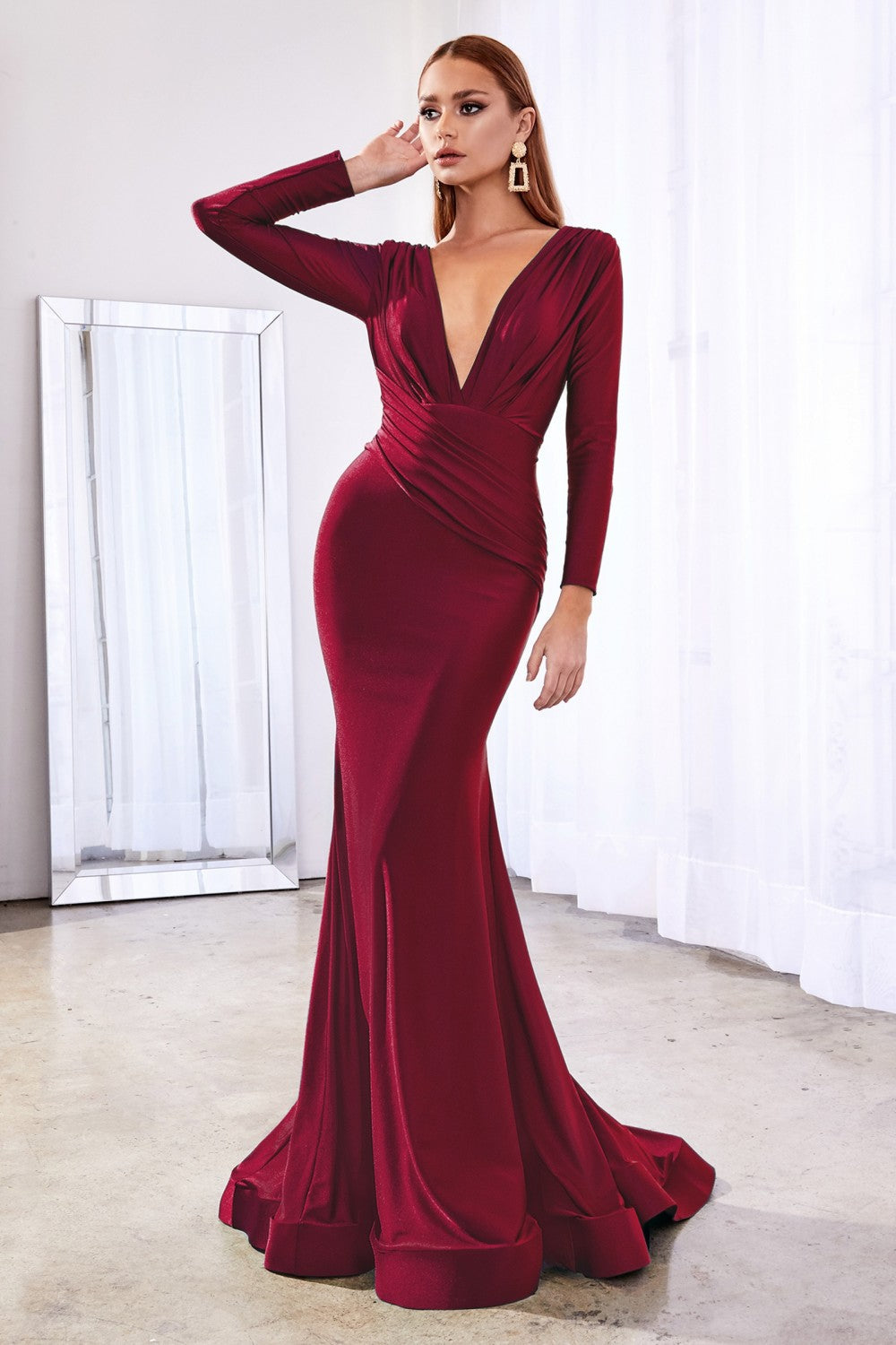 Fitted Stretch Jersey Wrapped Bodice Deep V-Neck Modest Long Sleeves Long Mother Of The Bride Dress CDCD0168 Sale