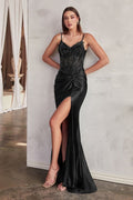 Rose, Teal, Olive, Purple & Red Satin Formal Gown with Beaded Corset | High Slit Evening Dress  CDCD0176