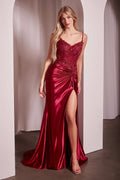 Rose, Teal, Olive, Purple & Red Satin Formal Gown with Beaded Corset | High Slit Evening Dress  CDCD0176