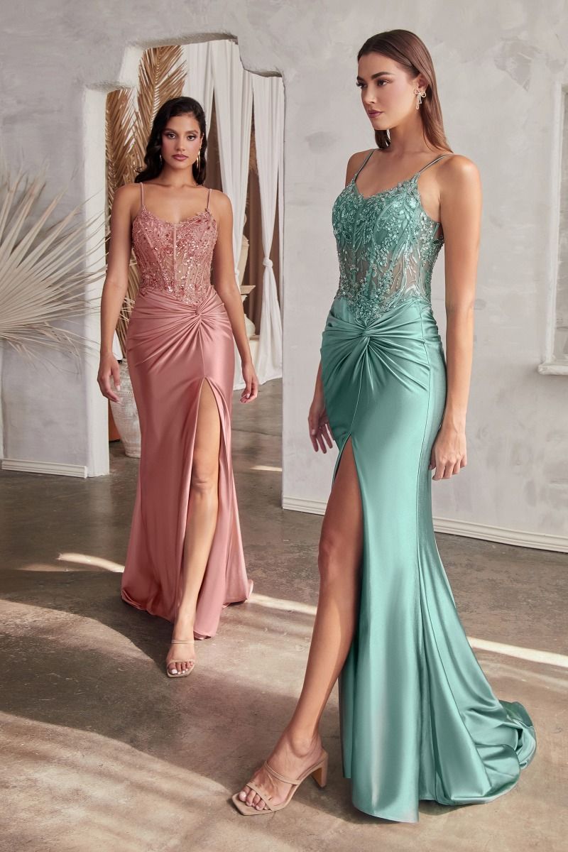 Rose, Teal, Olive, Purple & Red Satin Formal Gown with Beaded Corset | High Slit Evening Dress  CDCD0176