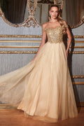Off Shoulder A-line Sequin Bodice Glittery Layered Tulle Skirt Long Prom & Bridesmaid Dress CDCD0177