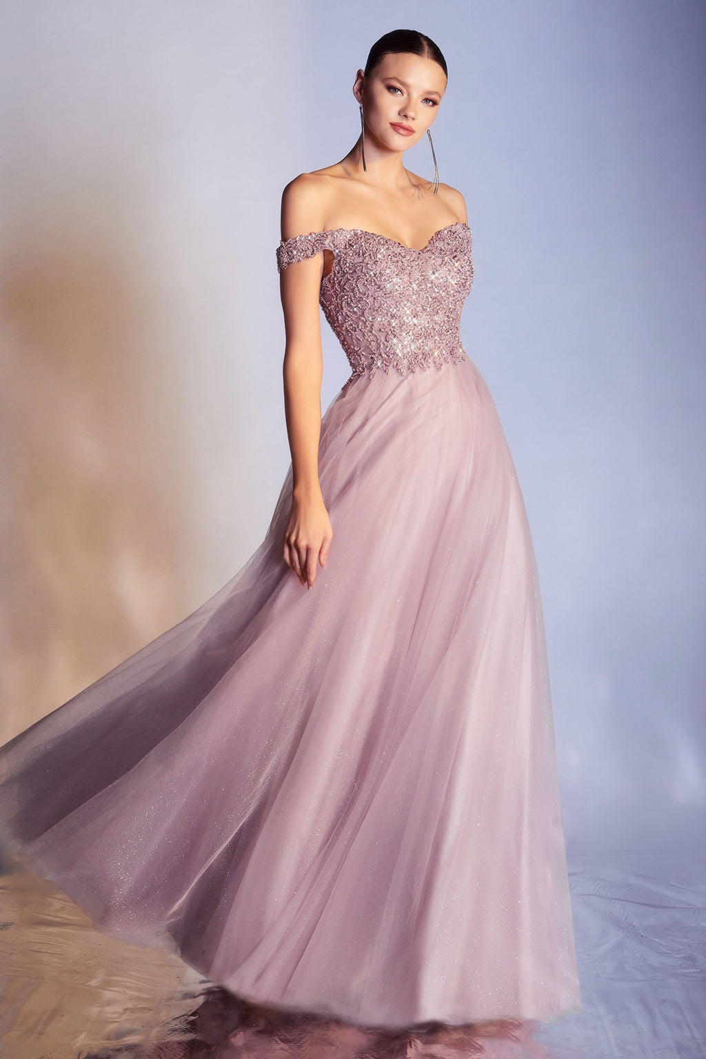 Off Shoulder A-line Sequin Bodice Glittery Layered Tulle Skirt Long Prom & Bridesmaid Dress CDCD0177
