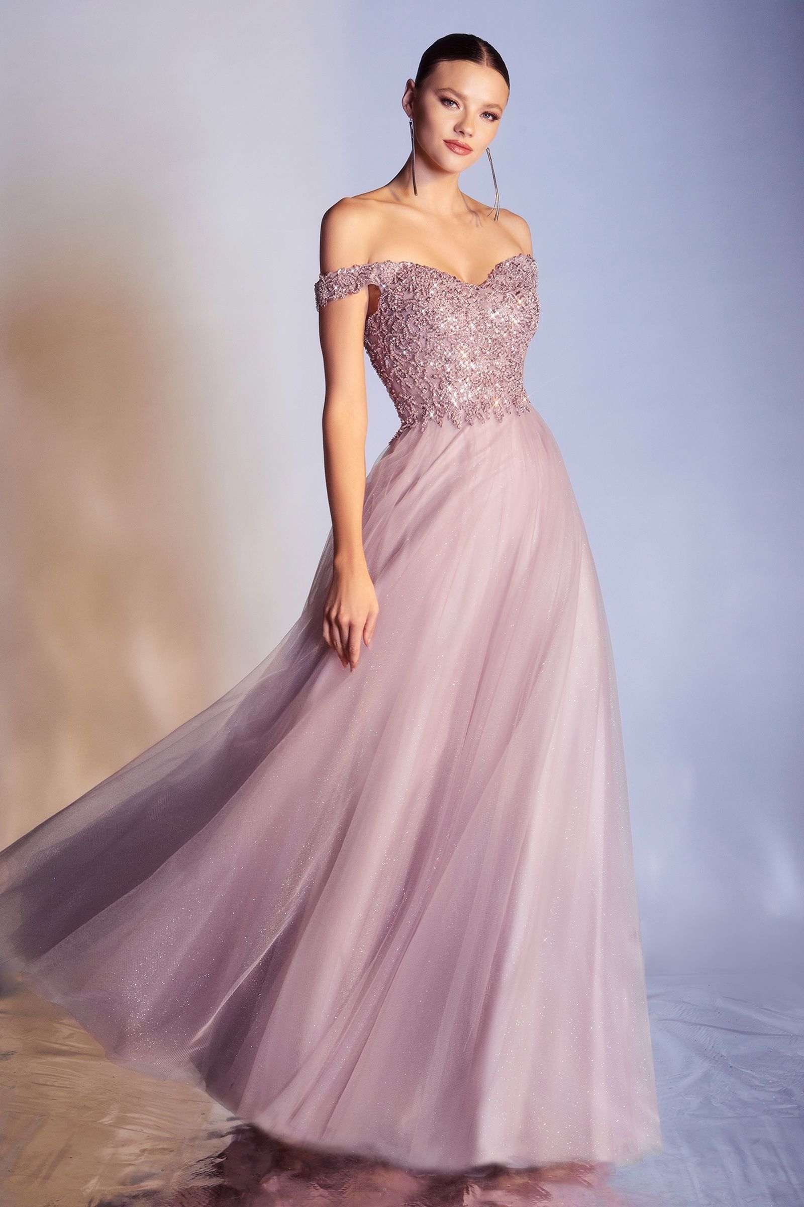 Off Shoulder A-line Sequin Bodice Glittery Layered Tulle Skirt Long Prom & Bridesmaid Dress CDCD0177