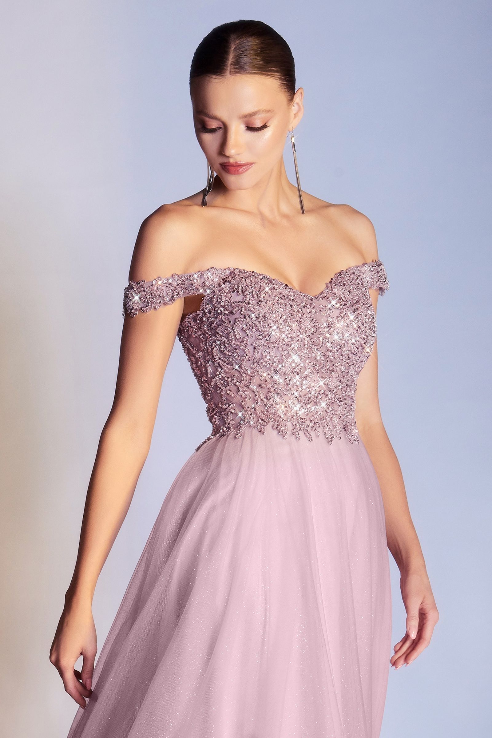 Off Shoulder A-line Sequin Bodice Glittery Layered Tulle Skirt Long Prom & Bridesmaid Dress CDCD0177