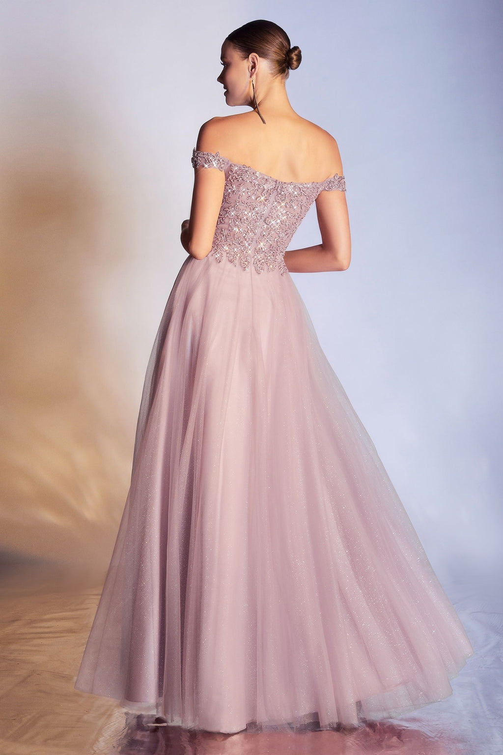 Off Shoulder A-line Sequin Bodice Glittery Layered Tulle Skirt Long Prom & Bridesmaid Dress CDCD0177