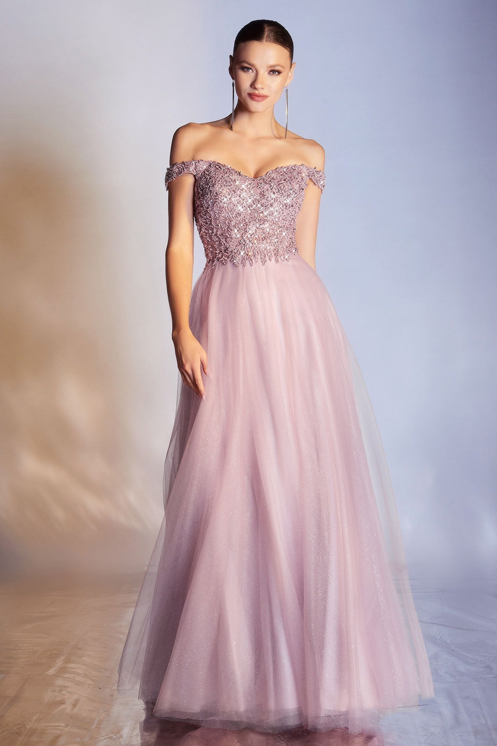 Off Shoulder A-line Sequin Bodice Glittery Layered Tulle Skirt Long Prom & Bridesmaid Dress CDCD0177