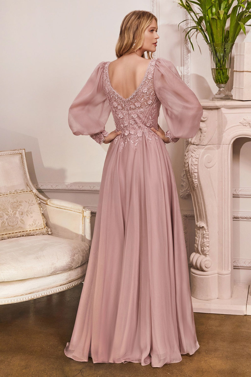 Elegant Long Puff Sleeves A-Line Chiffon Embellished V-Neck Long Evening & Prom Dress CDCD0183