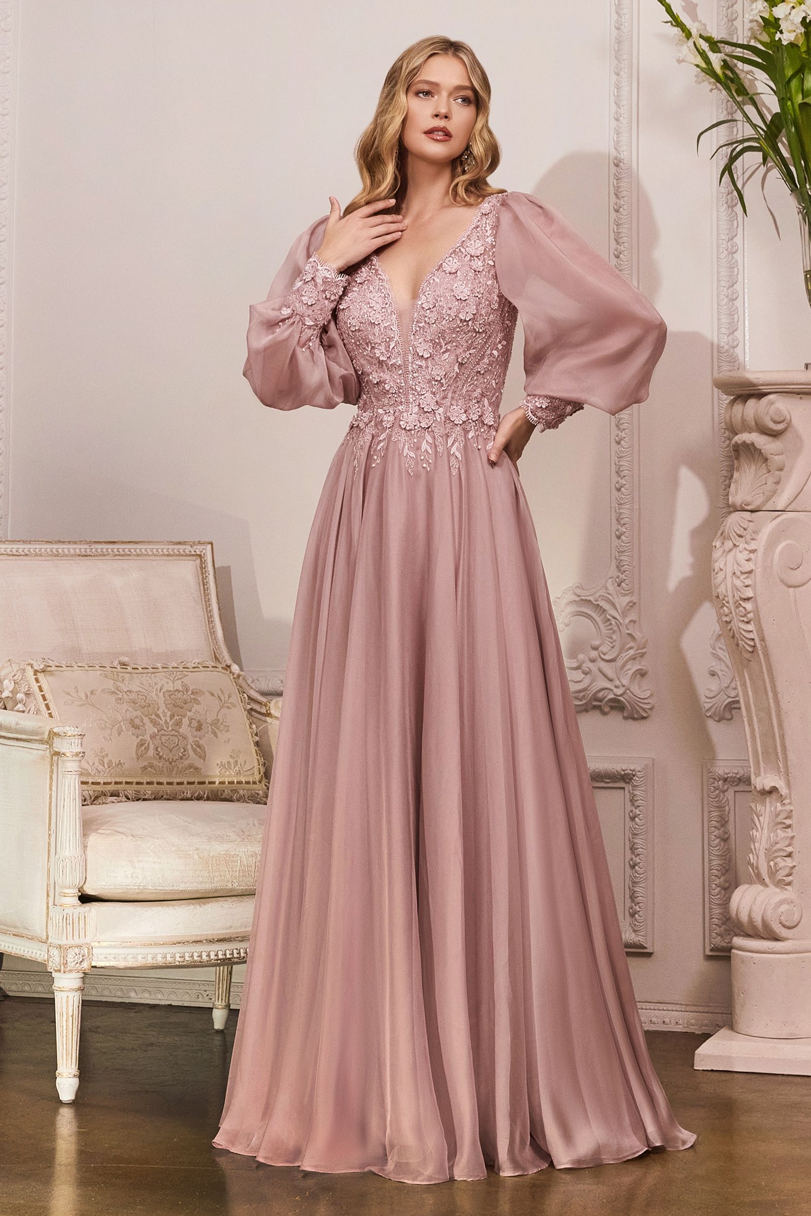 Elegant Long Puff Sleeves A-Line Chiffon Embellished V-Neck Long Evening & Prom Dress CDCD0183