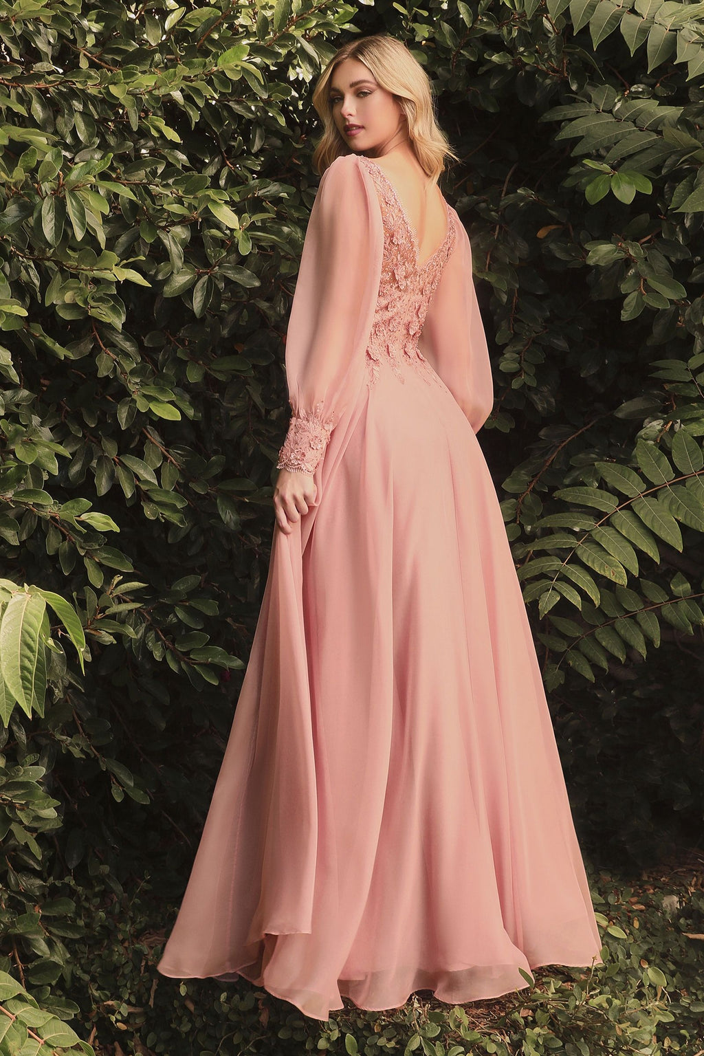 Elegant Long Puff Sleeves A-Line Chiffon Embellished V-Neck Long Evening & Prom Dress CDCD0183