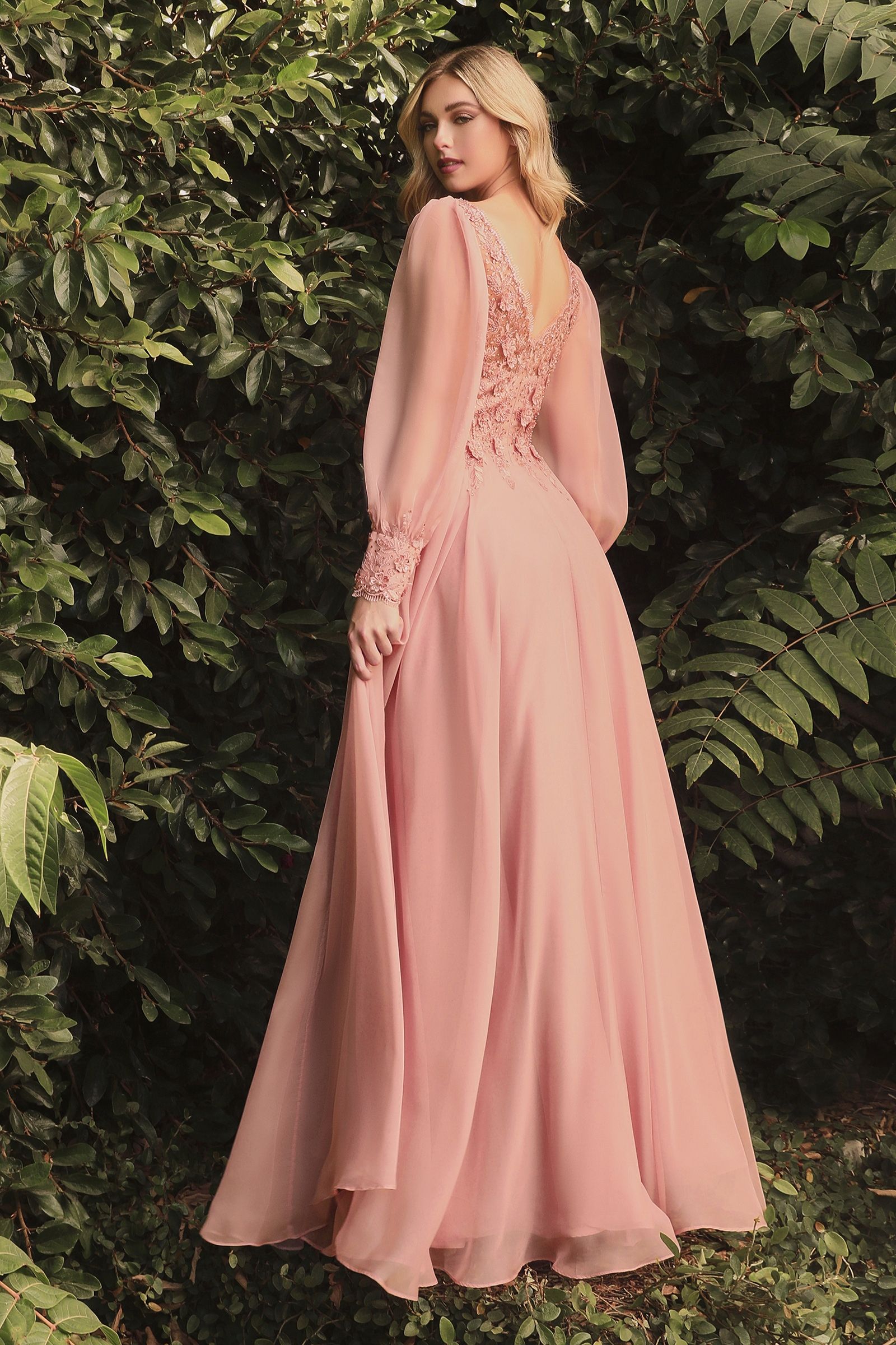 Elegant Long Puff Sleeves A-Line Chiffon Embellished V-Neck Long Evening & Prom Dress CDCD0183