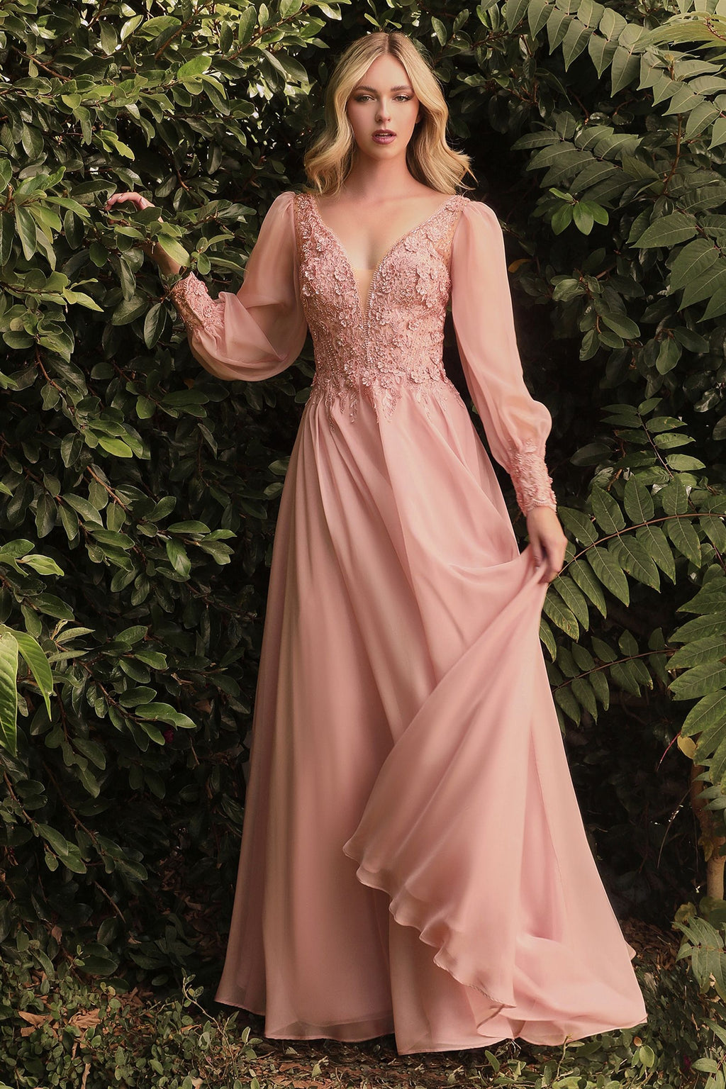 Elegant Long Puff Sleeves A-Line Chiffon Embellished V-Neck Long Evening & Prom Dress CDCD0183