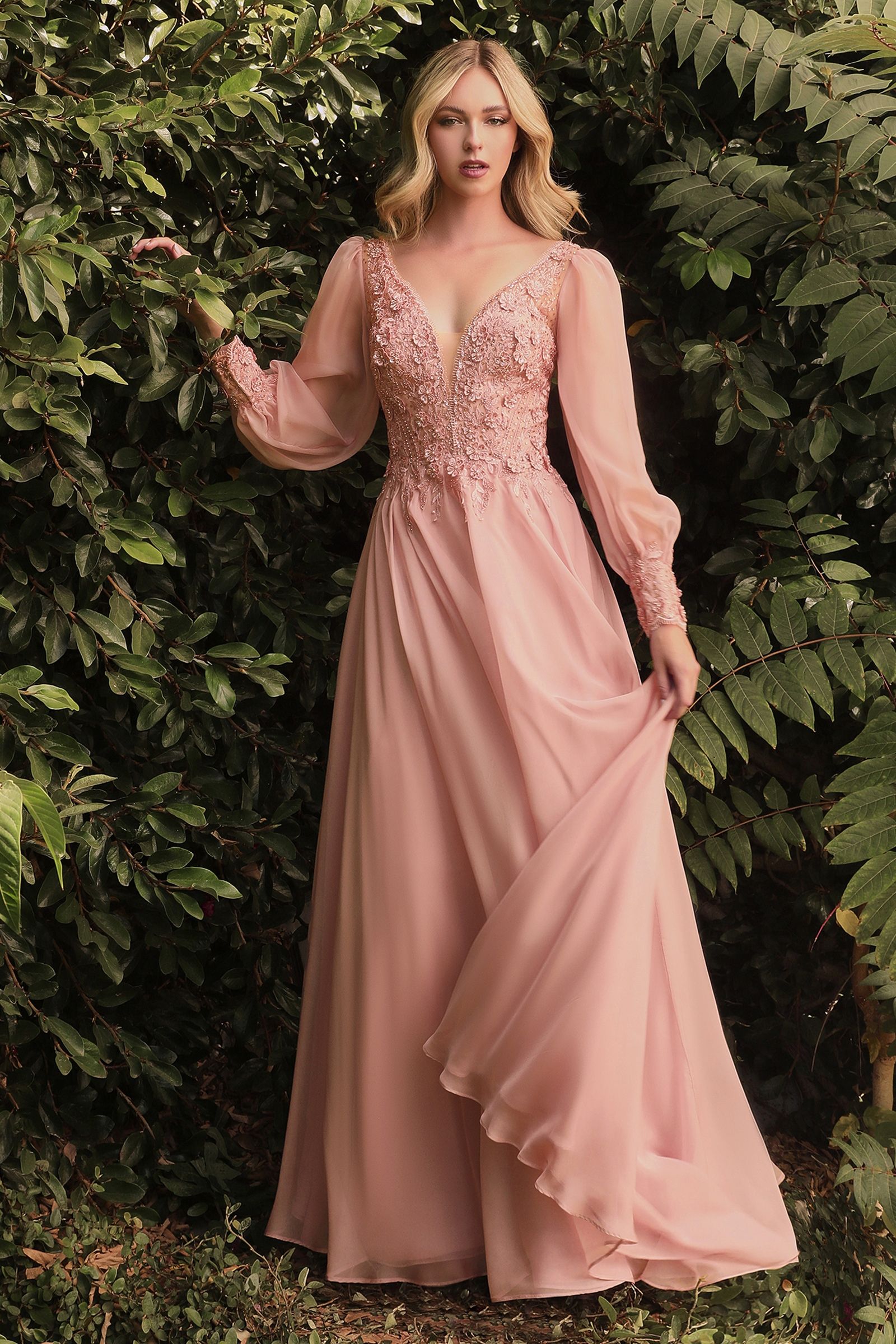 Elegant Long Puff Sleeves A-Line Chiffon Embellished V-Neck Long Evening & Prom Dress CDCD0183