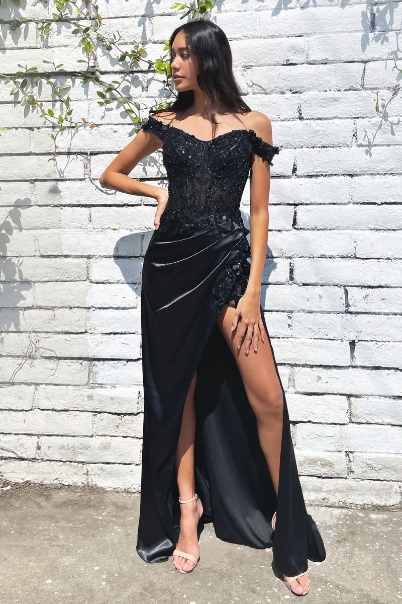 Off-Shoulder Satin Corset Gown with High Slit – Embellished Formal Dress with Train CDCD0186
