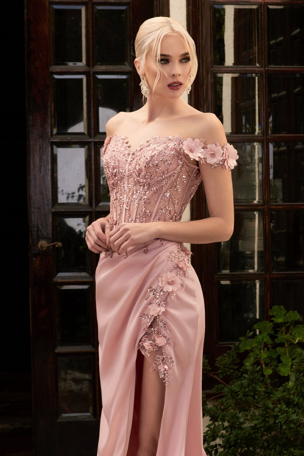 Off-Shoulder Satin Corset Gown with High Slit – Embellished Formal Dress with Train CDCD0186