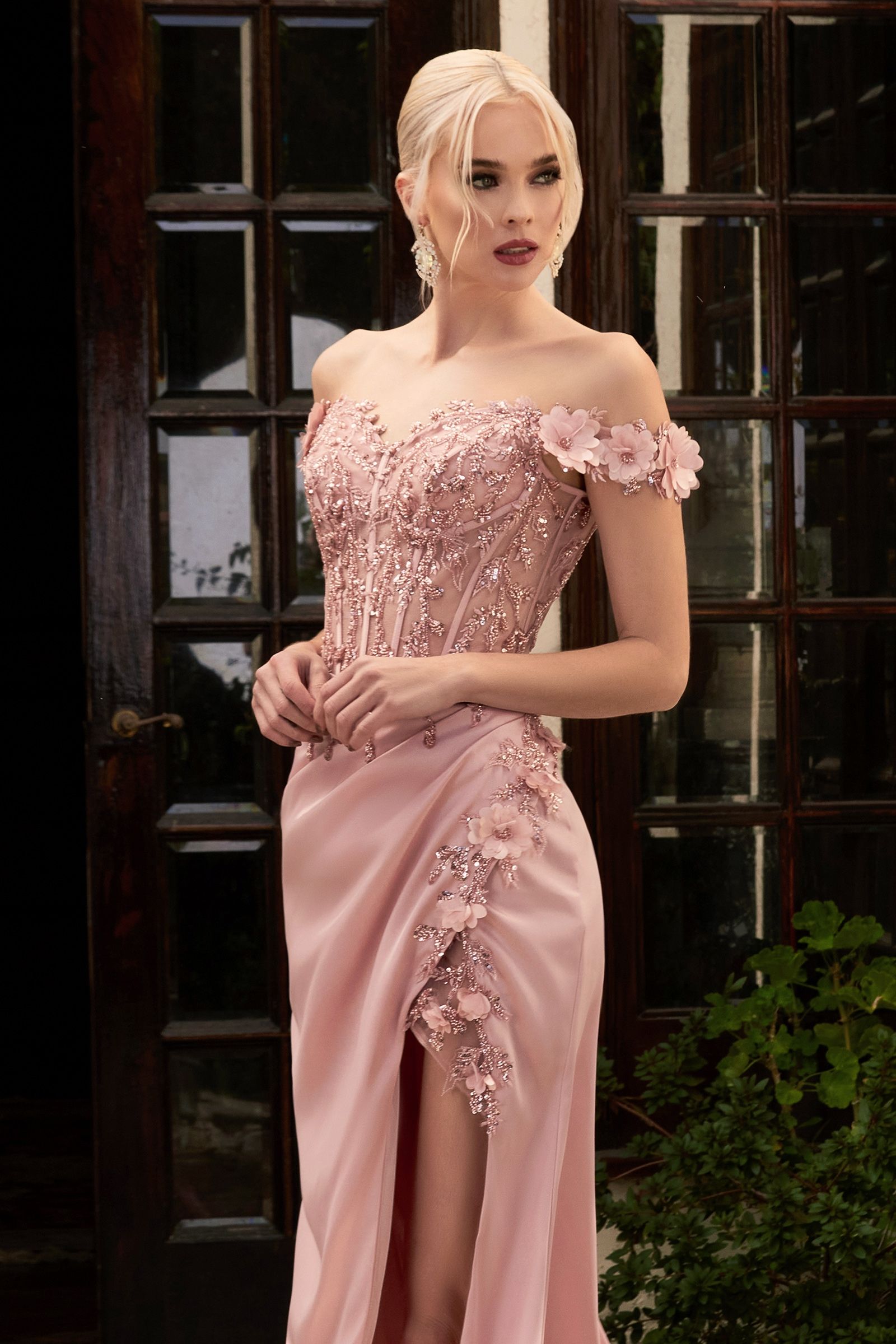 Off-Shoulder Satin Corset Gown with High Slit – Embellished Formal Dress with Train CDCD0186