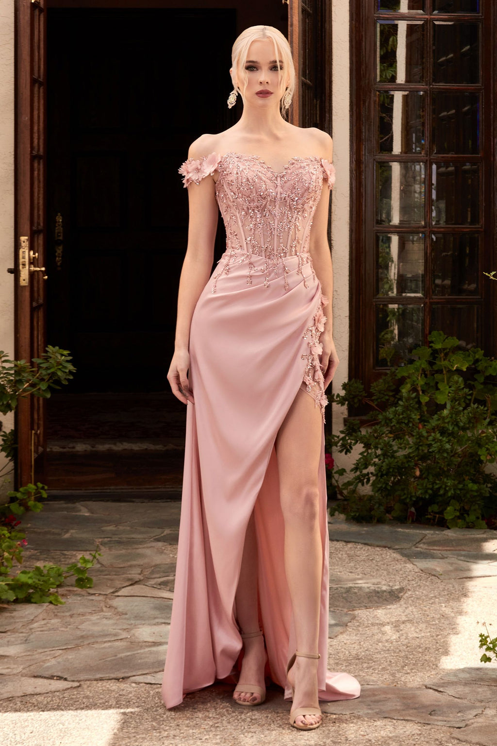 Off-Shoulder Satin Corset Gown with High Slit – Embellished Formal Dress with Train CDCD0186