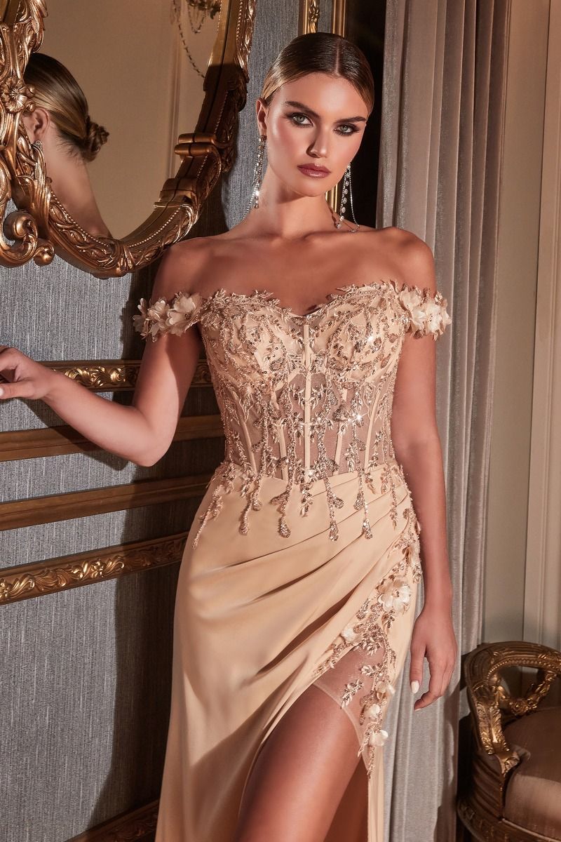Off-Shoulder Satin Corset Gown with High Slit – Embellished Formal Dress with Train CDCD0186