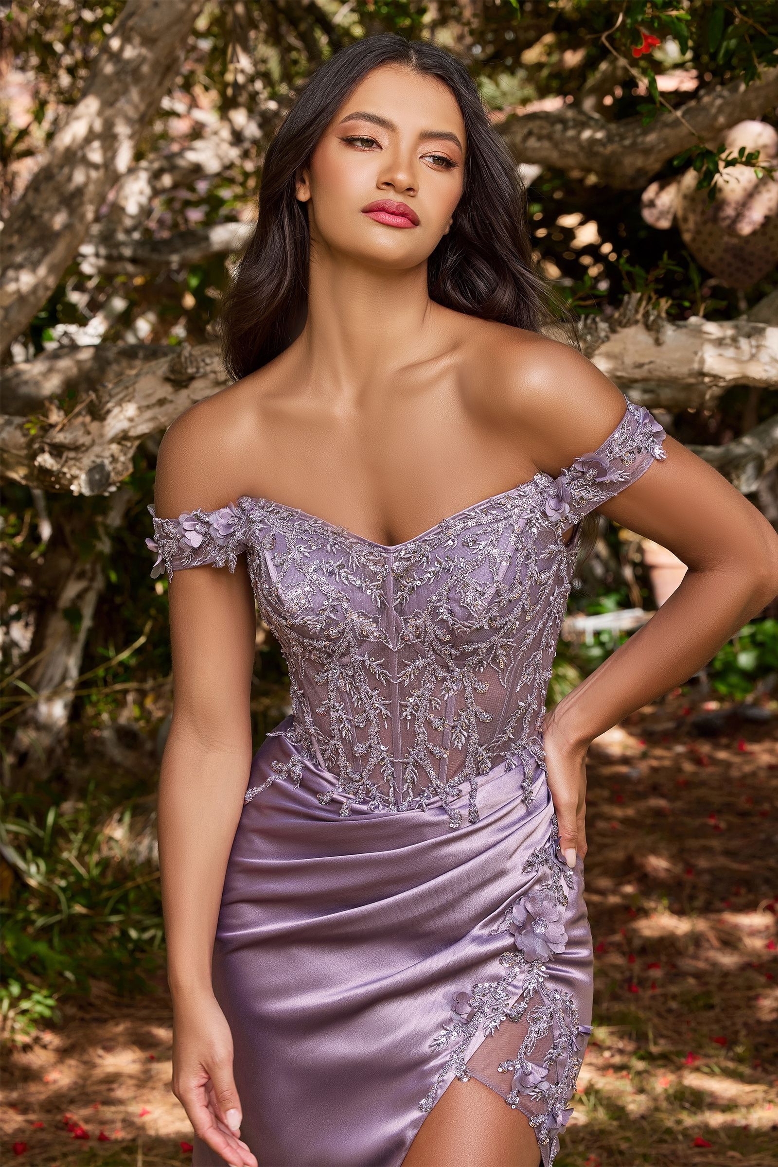 Off-Shoulder Satin Corset Gown with High Slit – Embellished Formal Dress with Train CDCD0186