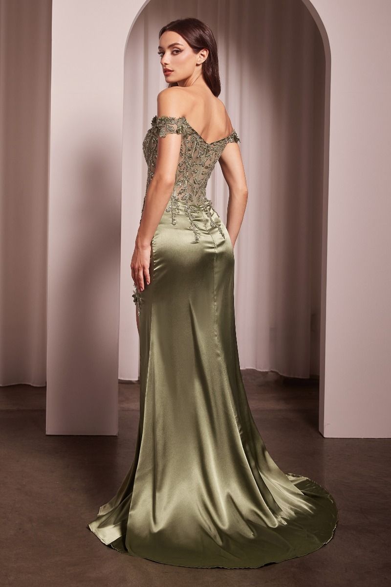 Off-Shoulder Satin Corset Gown with High Slit – Embellished Formal Dress with Train CDCD0186