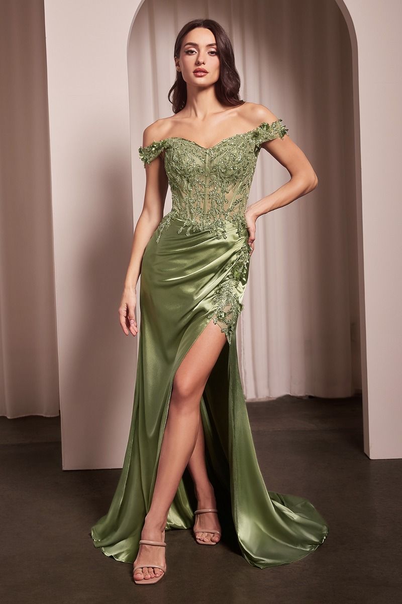 Off-Shoulder Satin Corset Gown with High Slit – Embellished Formal Dress with Train CDCD0186