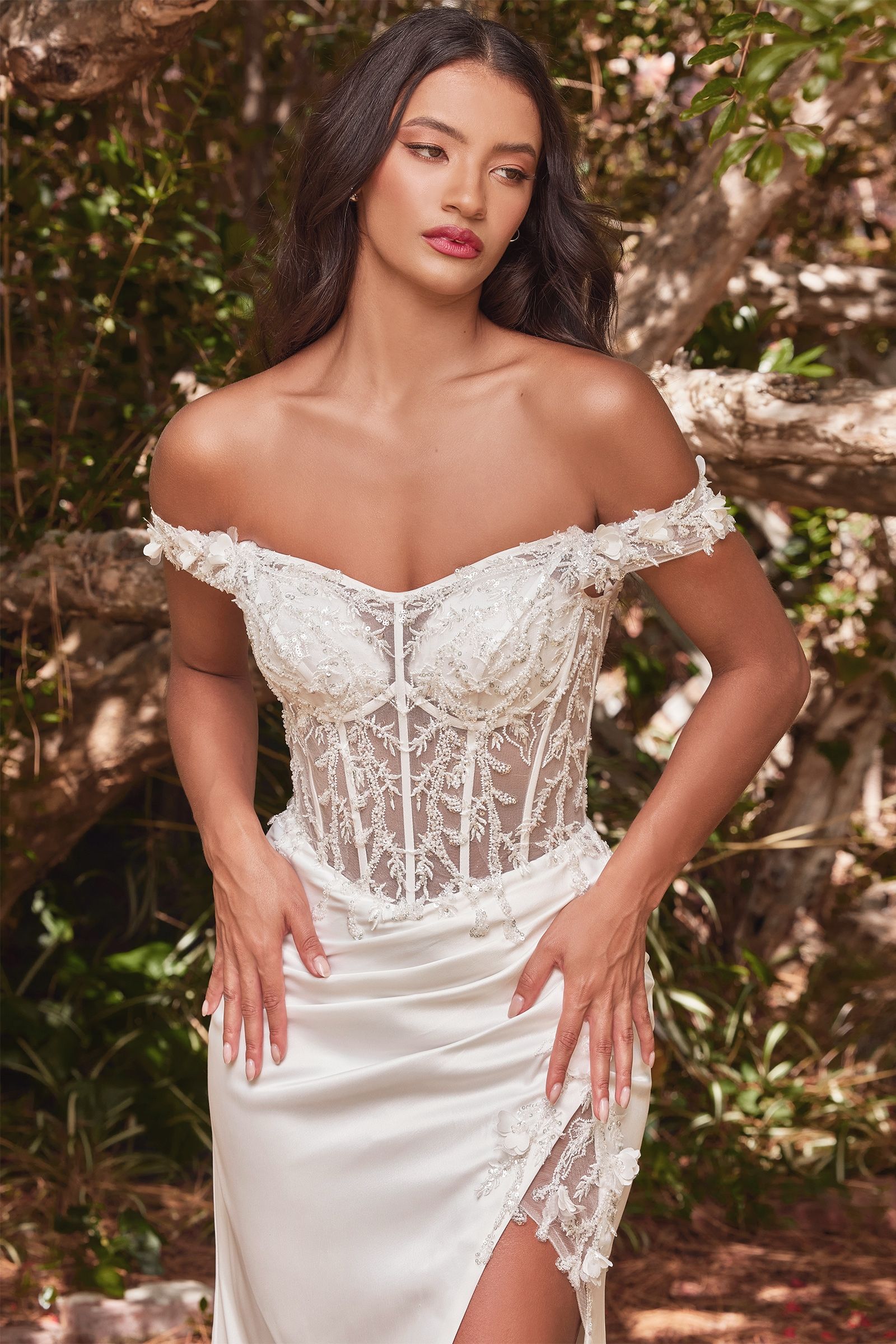 White Off-Shoulder Lace Corset Gown with High Slit – Bridal-Inspired Formal Dress CDCD0186W