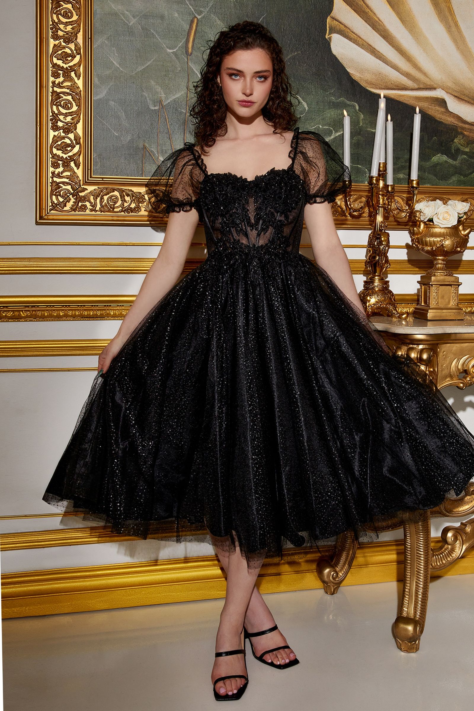Black Glitter Corset Tea-Length Gown – Vintage-Inspired Tulle Dress with Puff Sleeves  CDCD0187