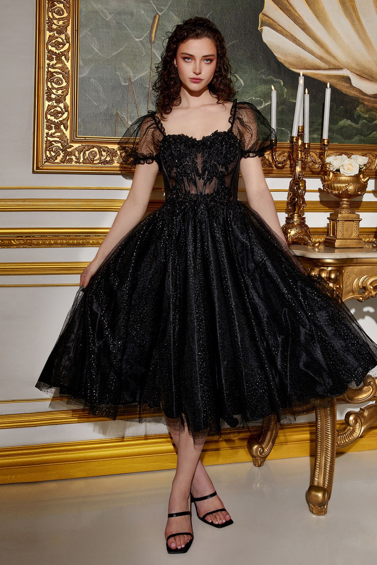 Black Glitter Corset Tea-Length Gown – Vintage-Inspired Tulle Dress with Puff Sleeves  CDCD0187