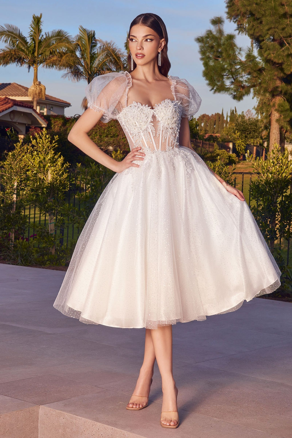 White | Puff Sleeve Short Tulle Dress with Corset Bodice & Glitter Skirt  CDCD0187W