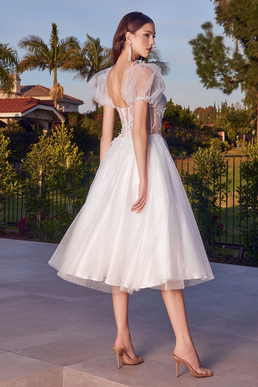 White | Puff Sleeve Short Tulle Dress with Corset Bodice & Glitter Skirt  CDCD0187W