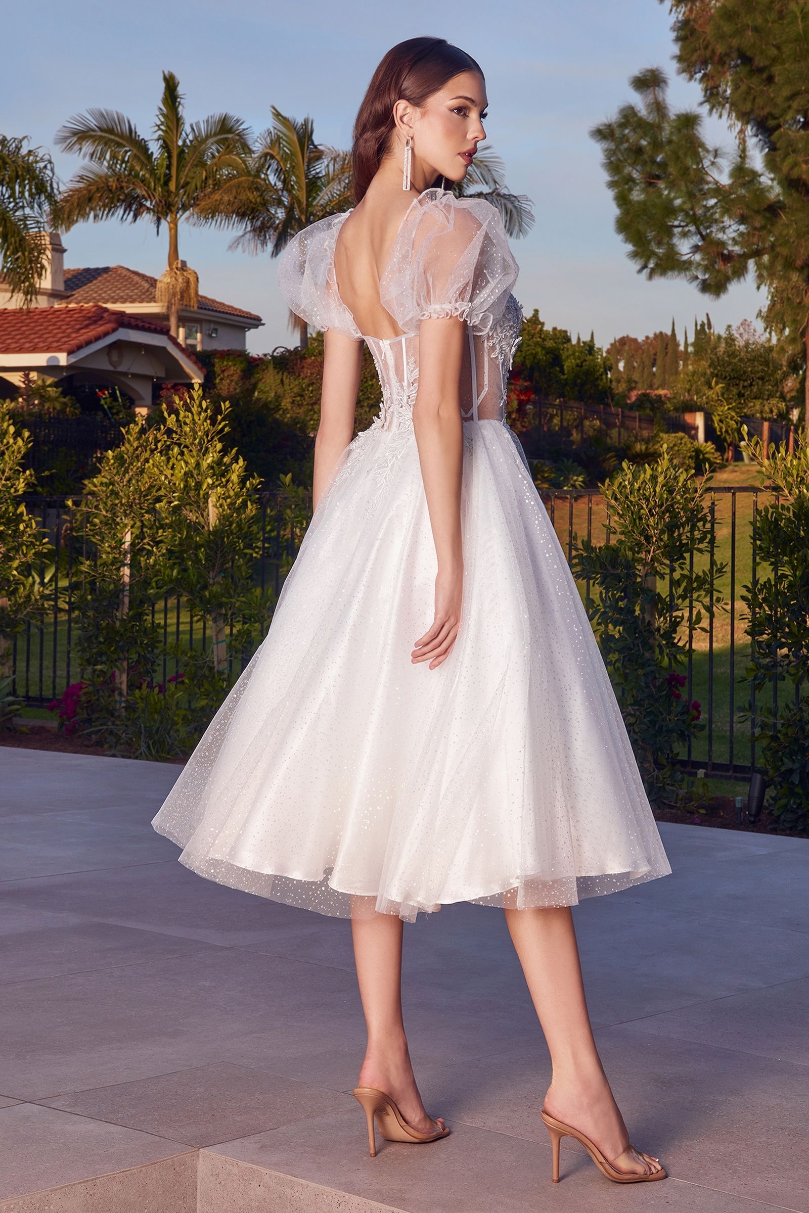 White | Puff Sleeve Short Tulle Dress with Corset Bodice & Glitter Skirt  CDCD0187W
