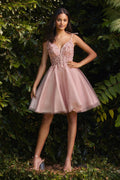Tulle Sleeveless Laced Appliqué Floral Bodice Princess Babydoll Skirt Short Cocktail Dress